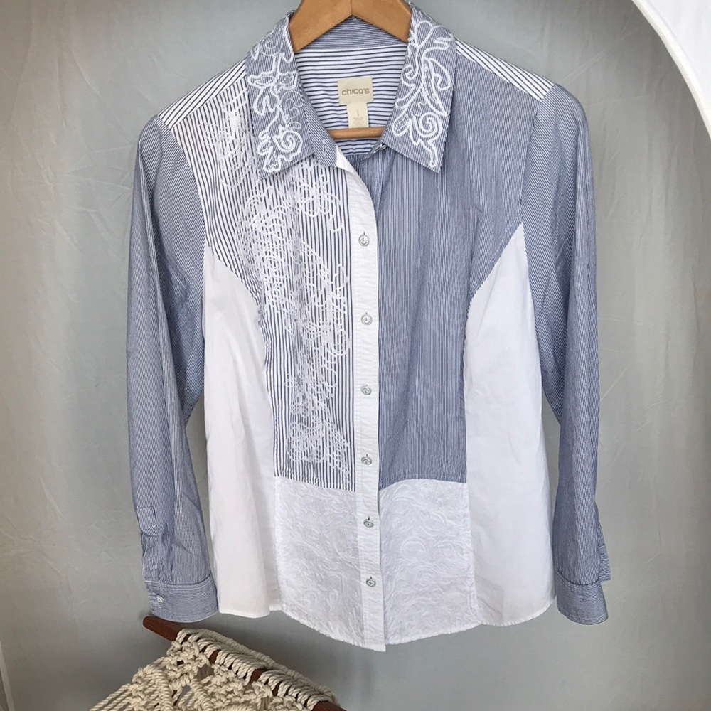 Patchwork button up shirt in blue and white